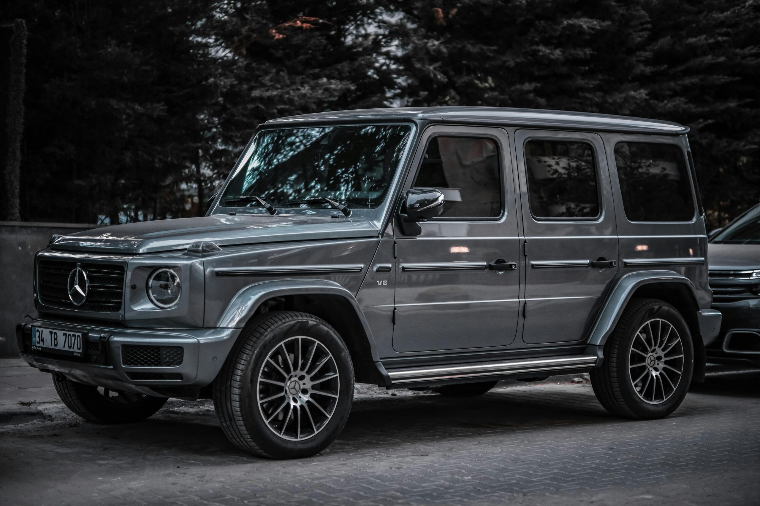Close-up of a luxury Mercedes-Benz G-Class SUV parked on a city street in Istanbul, Turkey.